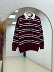 Aliza Polo Yaka Çizgili Düğmeli Kazak-KR5053 Bordo