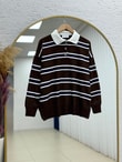 Aliza Polo Yaka Çizgili Düğmeli Kazak-KR5053 Kahve