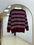 Aliza Polo Yaka Çizgili Düğmeli Kazak-KR5053 Bordo