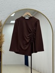 Armina Büzgülü Geniş Kollu Bluz-SS13231 Kahve