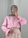 Aybirce Kolu Tünelli Yaka Fırfırlı Kısa Gömlek-AS5975 Pembe