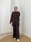Aygen Önü Dikiş Detaylı Yanı Düğmeli Pantolonlu Takım-MF1890 Kahve