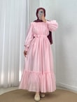 Aypare Göğsü Ve Kol Ucu Büzgülü Vual Elbise-PA9887 Pembe