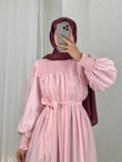 Aypare Göğsü Ve Kol Ucu Büzgülü Vual Elbise-PA9887 Pembe