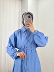 Ballı Bilek Büzgülü Yanları Yırtmaçlı Çizgili Uzun Tunik-EK141.2 İndigo