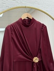 Belgi Güllü Saten Elbise-GE5157 Bordo