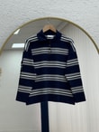 Canpare Polo Yaka Düğmeli Çizgili Triko Kazak-KR6070 Lacivert