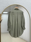 Çiğdem Çizgili Keten Karışımlı Oversize Kadın Gömlek-ZN1174 Mint