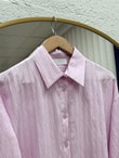 Çiğdem Çizgili Keten Karışımlı Oversize Kadın Gömlek-ZN1174 Pembe
