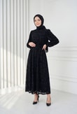 Fadime Hakim Yaka Desenli Flok Elbise-EK124.5.EK799 Siyah