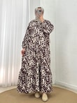 Huzur Desenli V Yaka Patlı Elbise-PE634.12 Kahve-Taş