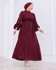 İmran İşlemeli Ve Simli Kuşaklı Elbise-PA9564 Bordo
