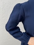 Kristal Düğmeli Katkatlı Müslin Elbise-ML2143 Lacivert
