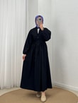 Loryla Önü Nervürlü Biyeli Vual Elbise-EK606.1 Siyah