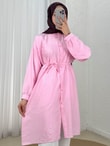 Marira Büzgülü Bağcıklı Uzun Çilek Gömlek-PE262 Pembe