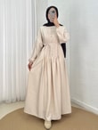 Maruna Poplin Pileli Düğmeli Elbise-NA2404 Taş