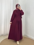 Maruna Poplin Pileli Düğmeli Elbise-NA2404 Bordo