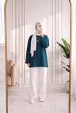 Mehşah Çiçek Desenli Bluz-SS13137 Petrol Mavisi
