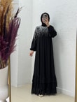 Nazenin Altı Fırfırlı Üstü Taşlı Abaya-GE752 Siyah