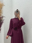 Nevin Taşlı Güllü Saten Elbise-BN4346-FA0985 Bordo