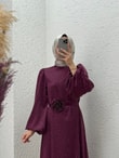 Nevin Taşlı Güllü Saten Elbise-BN4346-FA0985 Bordo