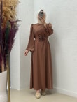 Nevin Taşlı Güllü Saten Elbise-BN4346-FA0985 Kahve