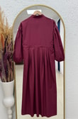 Nurhan Düğmeli Tünelli Poplin Elbise-NA2415 Bordo
