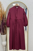 Nurhan Düğmeli Tünelli Poplin Elbise-NA2415 Bordo