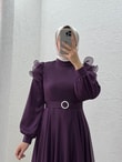 Oreleva Omuz Fırfırlı Göğüs Kısmı Pileli Tüllü Elbise-PA9596 Mor