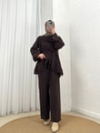 Rezzan Fırfırlı Bağcıklı Yakalı Pantolonlu Takım-ML2134 Kahve