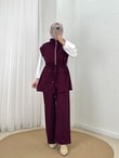 Safir Çift Cepli Sıkmalı Taşlı Yelekli Takım-MF681 Mürdüm