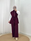 Safir Çift Cepli Sıkmalı Taşlı Yelekli Takım-MF681 Mürdüm