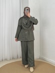 Sanem Metal Düğmeli Şallı Pantolonlu Takım-NA3443 Haki