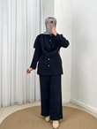 Sanem Metal Düğmeli Şallı Pantolonlu Takım-NA3443 Siyah