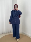Sanem Metal Düğmeli Şallı Pantolonlu Takım-NA3443 Lacivert