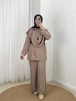 Sanem Metal Düğmeli Şallı Pantolonlu Takım-NA3443 Vizon