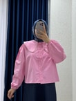 Sanonia Yakası İncili Kısa Poplin Gömlek-NA792 Pembe