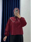 Sanonia Yakası İncili Kısa Poplin Gömlek-NA792 Bordo