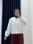 Sanonia Yakası İncili Kısa Poplin Gömlek-NA792 Beyaz