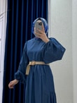 Serana Kemerli Robalı Kot Elbise-HE2869 Kot Rengi