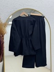 Toprak Tek Düğmeli Beli Büzgülü Pantolonlu Takım-ZŞ7079 Siyah
