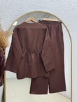 Toprak Tek Düğmeli Beli Büzgülü Pantolonlu Takım-ZŞ7079 Kahve