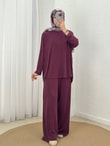 Yonca Yanları Yırtmaçlı Çımalı Pantolonlu Takım-NL764 Mürdüm