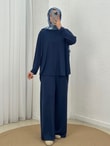 Yonca Yanları Yırtmaçlı Çımalı Pantolonlu Takım-NL764 Lacivert