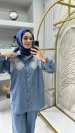 Yakası Çiçekli Taşlı Kot Takım