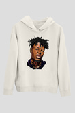 21 Savage Baskılı Beyaz Unisex Kapüşonlu Sweatshirt