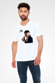 21 Savage Baskılı Beyaz Unisex V Yaka Tişört - Tshirt