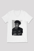 21 Savage Baskılı Beyaz Unisex V Yaka Tişört - Tshirt