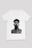 21 Savage Baskılı Beyaz Unisex V Yaka Tişört - Tshirt