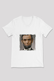 Abraham Lincoln Baskılı V Yaka Unisex Beyaz Tişört